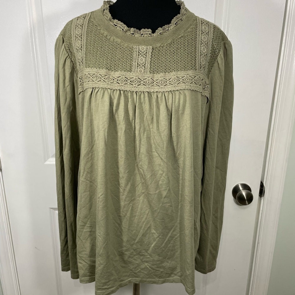 Loft Elegant Lace Trim Olive Green Women's Top Blouse Size XXL CB-70